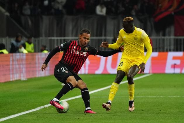 Alexis Beka Beka (OGC Nice) - Mouhamed Diop (Sheriff Tiraspol) FOOTBALL : OGC Nice vs Football Club Sheriff Tiraspol - 8 eme de finale retour Europa Conference League - Nice - 16 03 2023 NorbertScanella Panoramic 