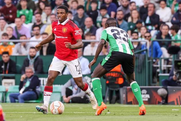 SEVILLE, SPAIN - MARCH 16: Tyrell Malacia of Manchester United, ManU FC control the ball during the UEFA Europa League round of 16 leg two match between Real Betis and Manchester United at Estadio Benito Villamarin on March 16, 2023 in Seville, Spain. SPO 