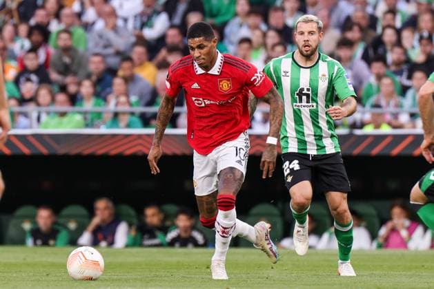 SEVILLE, SPAIN - MARCH 16: Marcus Rashford of Manchester United, ManU FC runs with the ball during the UEFA Europa League round of 16 leg two match between Real Betis and Manchester United at Estadio Benito Villamarin on March 16, 2023 in Seville, Spain. SPO 