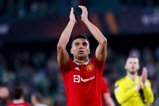 SEVILLE, SPAIN - MARCH 16: Casemiro of Manchester United, ManU FC shows appreciation to the fans during the UEFA Europa League round of 16 leg two match between Real Betis and Manchester United at Estadio Benito Villamarin on March 16, 2023 in Seville, Spain. SPO 