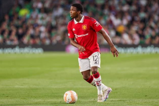 SEVILLE, SPAIN - MARCH 16: Tyrell Malacia of Manchester United, ManU FC in action during the UEFA Europa League round of 16 leg two match between Real Betis and Manchester United at Estadio Benito Villamarin on March 16, 2023 in Seville, Spain. SPO 