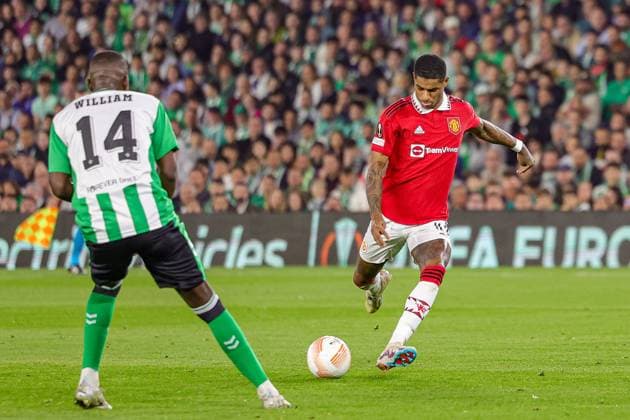 Real Betis v Manchester United, ManU Europa League 16 03 2023. Goal 0-1 Marcus Rashford (10) of Manchester United scores a goal during the Europa League match between Real Betis and Manchester United at Estadio Benito Villamarin, Seville, Spain on 16 March 2023. Editorial use only , Copyright: xNigelxKeenex PSI-17076-0055
