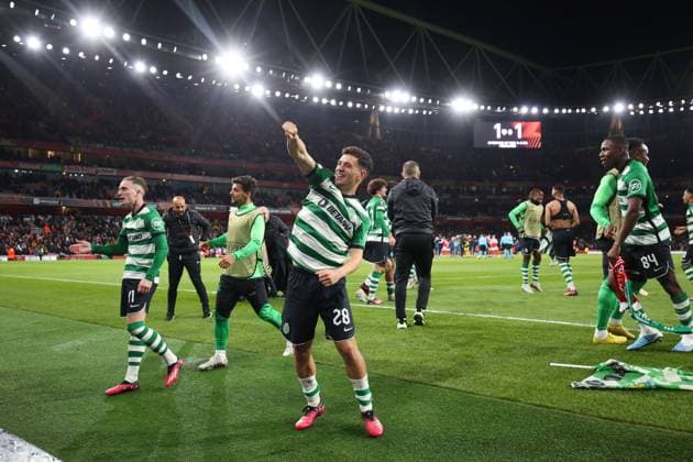Arsenal gegen Sporting 16. März 2023, London UEFA EUROPA League Fußball Achtelfinale, 2. Spiel Arsenal gegen Sporting Clube de Portugal Pedro Goncalves von Sporting CP feiert den Sieg Foto Charlotte Wilson Abseits London UK  Copyright: xCharlottexWilsonx xOffsidexOffside