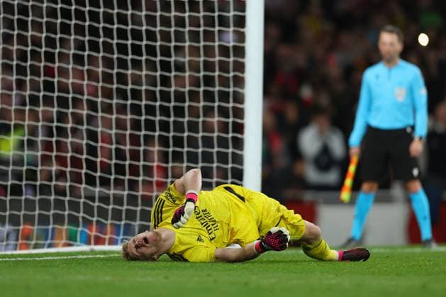 16th March 2023; Emirates Stadium, London, England; Europa League Football, Round of 16, Second Leg, Arsenal versus Sporting Lisbon; A dejected Aaron Ramsdale of Arsenal after he comes close to saving a penalty  ActionPlus12487349 ShaunxBrooks