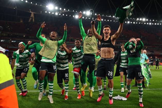 16th March 2023; Emirates Stadium, London, England; Europa League Football, Round of 16, Second Leg, Arsenal versus Sporting Lisbon; The Sporting Lisbon team celebrate their win after penalties shoot-out  ActionPlus12487354 ShaunxBrooks