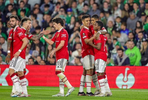 Real Betis v Manchester United, ManU Europa League 16 03 2023. Goal 0-1 Marcus Rashford (10) of Manchester United scores a goal and celebrates during the Europa League match between Real Betis and Manchester United at Estadio Benito Villamarin, Seville, Spain on 16 March 2023. Editorial use only , Copyright: xNigelxKeenex PSI-17076-0073