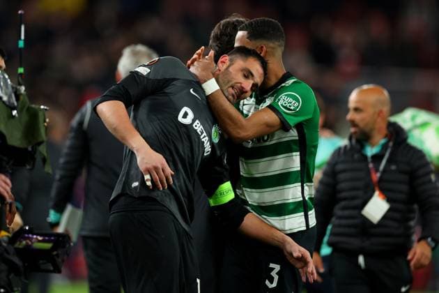 16th March 2023; Emirates Stadium, London, England; Europa League Football, Round of 16, Second Leg, Arsenal versus Sporting Lisbon; Jerry St. Juste celebrates with Antonio Adan after they win the penalty shoot out  ActionPlus12487373 ShaunxBrooks