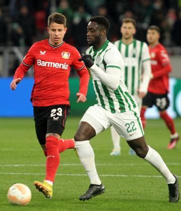 16.03.2023 Budapest(Hungary) Ferencvarosi TC-Bayer 04 Leverkusen Europa League round of 16 men s football Adam Hlozek(L) Bayer 04 Leverkusen,Myenty Abena(R) Ferencvarosi TC :