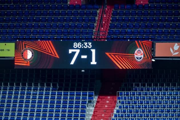 ROTTERDAM - scoreboard 7-1 during the UEFA Europa league round of 16 match between Feyenoord and Shakhtar Donetsk at Feyenoord Stadion de Kuip on March 16, 2023 in Rotterdam, Netherlands. AP Dutch Height COR LASKER Feyenoord v Shakhtar Donetsk: Round of 16 Leg Two - UEFA Europa League 2022 2023 xVIxANPxSportx xCorxLaskerxIVx 465163294 originalFilename: 465163294.jpg