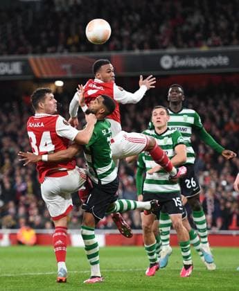 Arsenal v Sporting Clube de Portugal UEFA Europa League Granit Xhaka and Gabriel of Arsenal challenge for a header during the UEFA Europa League Round of 16 Second Leg match at the Emirates Stadium, London Content Not Available For UK Newspapers Copyright: xNigelxBramleyx FIL-18256-0055 UK Newspapers OUT