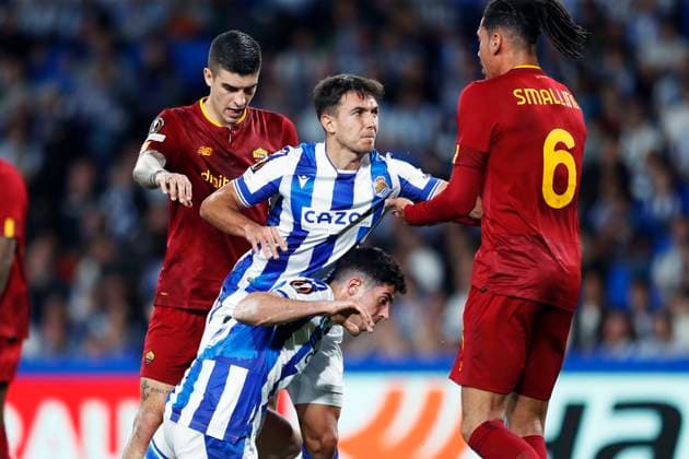Martin Zubimendi, Carlos Fernandez (Sociedad), Chris Smalling (Roma), MARCH 16, 2023 - Football Soccer : UEFA Europa League round of 16 2nd leg match between Real Sociedad 0-0 AS Roma at Reale Arena in San Sebastian, Spain. Noxthirdxpartyxsales  (213555337)