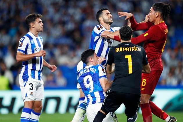 Martin Zubimendi, Carlos Fernandez, Mikel Merino (Sociedad), Chris Smalling (Roma), MARCH 16, 2023 - Football Soccer : UEFA Europa League round of 16 2nd leg match between Real Sociedad 0-0 AS Roma at Reale Arena in San Sebastian, Spain. Noxthirdxpartyxsales  (213555355)