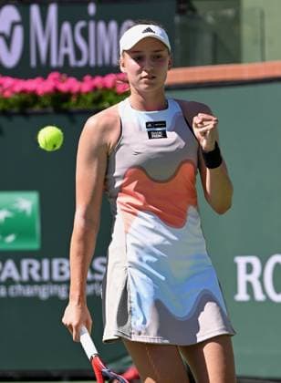 INDIAN WELLS, CA - MARCH 16: Elena Rybakina of Kazakhstan reacts after winning a point during a quarterfinals match at the BNP Paribas Open tennis tournament played on March 16, 2023 at the Indian Wells Tennis Garden in Indian Wells, CA. (Photo by John Cordes Icon Sportswire) TENNIS: MAR 16 BNP Paribas Open Icon506230316062