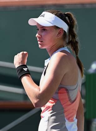 INDIAN WELLS, CA - MARCH 16: Elena Rybakina of Kazakhstan reacts after winning a quarterfinals match and advancing to the next round of the BNP Paribas Open tennis tournament played on March 16, 2023 at the Indian Wells Tennis Garden in Indian Wells, CA. (Photo by John Cordes Icon Sportswire) TENNIS: MAR 16 BNP Paribas Open Icon506230316064