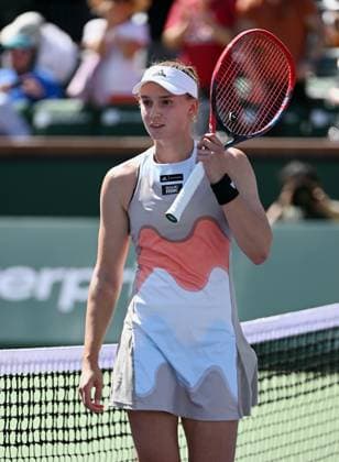 INDIAN WELLS, CA - MARCH 16: Elena Rybakina of Kazakhstan on the court after winning a quarterfinals match and advancing to the next round of the BNP Paribas Open tennis tournament played on March 16, 2023 at the Indian Wells Tennis Garden in Indian Wells, CA. (Photo by John Cordes Icon Sportswire) TENNIS: MAR 16 BNP Paribas Open Icon506230316065