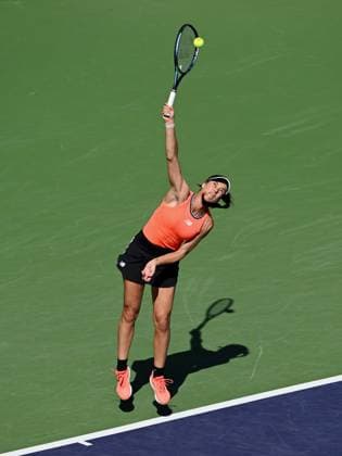INDIAN WELLS, CA - MARCH 16: Sorana Cirstea of Romania serving during a quarterfinals match at the BNP Paribas Open tennis tournament played on March 16, 2023 at the Indian Wells Tennis Garden in Indian Wells, CA. (Photo by John Cordes Icon Sportswire) TENNIS: MAR 16 BNP Paribas Open Icon506230316072