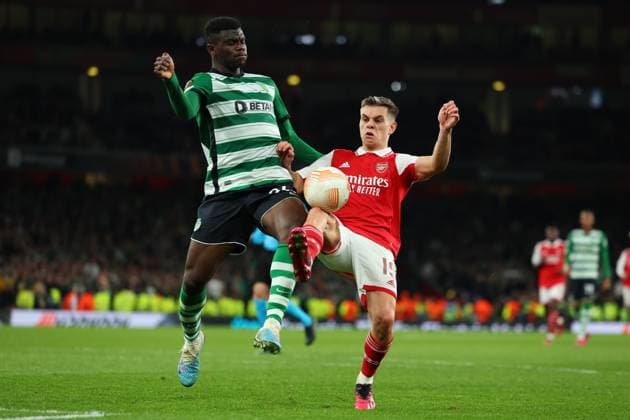16th March 2023; Emirates Stadium, London, England; Europa League Football, Round of 16, Second Leg, Arsenal versus Sporting Lisbon; Ousmande Diomande of Sporting Lisbon competes for the ball with Leandro Trossard of Arsenal  ActionPlus12487426 ShaunxBrooks