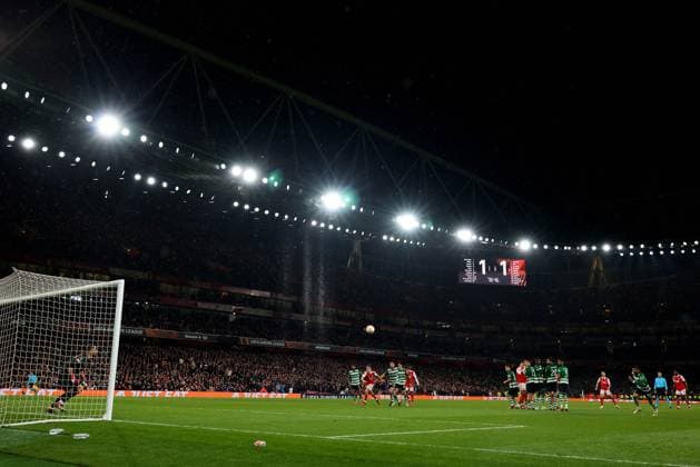 16th March 2023; Emirates Stadium, London, England; Europa League Football, Round of 16, Second Leg, Arsenal versus Sporting Lisbon; Fabio Vieira of Arsenal takes a free kick and it goes wide  ActionPlus12487437 ShaunxBrooks