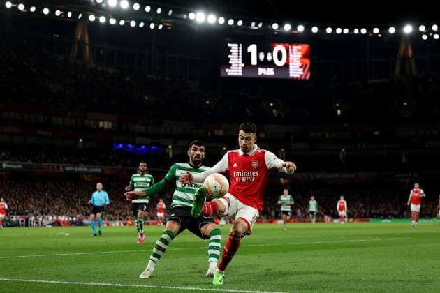 16th March 2023; Emirates Stadium, London, England; Europa League Football, Round of 16, Second Leg, Arsenal versus Sporting Lisbon; Gabriel Martinelli of Arsenal is under pressure from Ricardo Esgaio of Sporting Lisbon  ActionPlus12487453 ShaunxBrooks