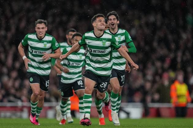 London, England, March 16th 2023: London, England, March 16th 2023: Pedro Goncalves of Sporting celebrating goal during the UEFA Europa League round of 16 leg two match between Arsenal FC and Sporting CP at Emirates Stadium on March 16, 2023 in London, United Kingdom. (Photo by Pedro Loureiro SPP) (Pedro Loureiro SPP) (Pedro Loureiro SPP) Copyright: xPedroxLoureiro SPPx spp-en-PeLo-SPP_166763