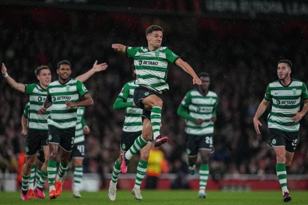 London, England, March 16th 2023: London, England, March 16th 2023: Pedro Goncalves of Sporting celebrating goal during the UEFA Europa League round of 16 leg two match between Arsenal FC and Sporting CP at Emirates Stadium on March 16, 2023 in London, United Kingdom. (Photo by Pedro Loureiro SPP) (Pedro Loureiro SPP) (Pedro Loureiro SPP) Copyright: xPedroxLoureiro SPPx spp-en-PeLo-SPP_166765