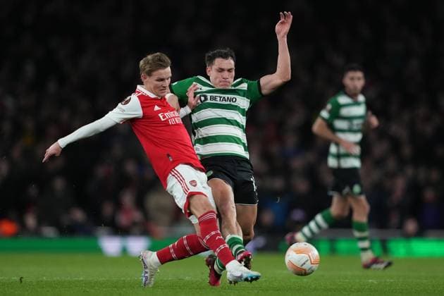 London, England, March 16th 2023: London, England, March 16th 2023: Manuel Ugarte of Sporting and Odegaard of Arsenal during the UEFA Europa League round of 16 leg two match between Arsenal FC and Sporting CP at Emirates Stadium on March 16, 2023 in London, United Kingdom. (Photo by Pedro Loureiro SPP) (Pedro Loureiro SPP) (Pedro Loureiro SPP) Copyright: xPedroxLoureiro SPPx spp-en-PeLo-SPP_166784