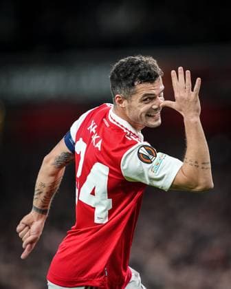 London, England, March 16th 2023: London, England, March 16th 2023: Granit Xhaka of Arsenal celebrating during the UEFA Europa League round of 16 leg two match between Arsenal FC and Sporting CP at Emirates Stadium on March 16, 2023 in London, United Kingdom. (Photo by Pedro Loureiro SPP) (Pedro Loureiro SPP) (Pedro Loureiro SPP) Copyright: xPedroxLoureiro SPPx spp-en-PeLo-SPP_166755