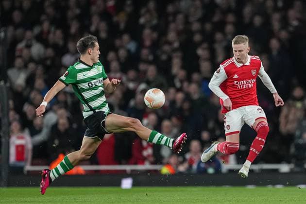 London, England, March 16th 2023: London, England, March 16th 2023: Manuel Ugarte of Sporting and Zinchenko of Arsenal during the UEFA Europa League round of 16 leg two match between Arsenal FC and Sporting CP at Emirates Stadium on March 16, 2023 in London, United Kingdom. (Photo by Pedro Loureiro SPP) (Pedro Loureiro SPP) (Pedro Loureiro SPP) Copyright: xPedroxLoureiro SPPx spp-en-PeLo-SPP_166756