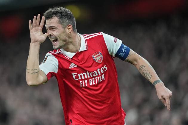 Sport Themen der Woche KW11 Sport Bilder des Tages London, England, March 16th 2023: London, England, March 16th 2023: Granit Xhaka of Arsenal celebrating during the UEFA Europa League round of 16 leg two match between Arsenal FC and Sporting CP at Emirates Stadium on March 16, 2023 in London, United Kingdom. (Photo by Pedro Loureiro SPP) (Pedro Loureiro SPP) (Pedro Loureiro SPP)  Copyright: xPedroxLoureiro SPPx spp-en-PeLo-SPP_166757