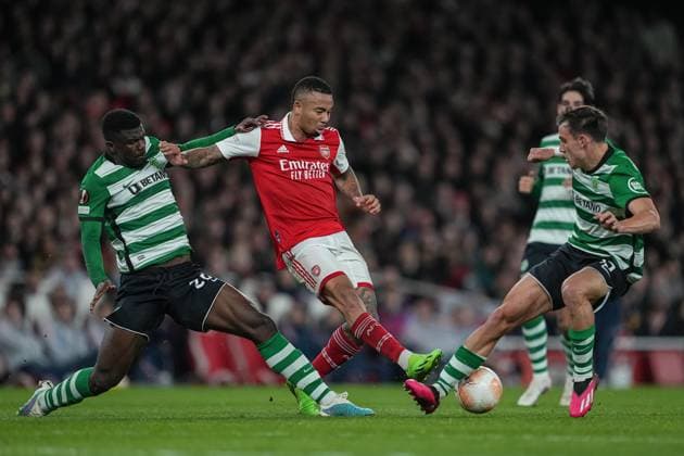 London, England, March 16th 2023: London, England, March 16th 2023: Gabriel Jesus of Arsenal and Manuel Ugarte and Ousmane Diomande of Sporting during the UEFA Europa League round of 16 leg two match between Arsenal FC and Sporting CP at Emirates Stadium on March 16, 2023 in London, United Kingdom. (Photo by Pedro Loureiro SPP) (Pedro Loureiro SPP) (Pedro Loureiro SPP) Copyright: xPedroxLoureiro SPPx spp-en-PeLo-SPP_166759