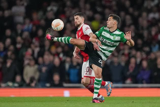 London, England, March 16th 2023: London, England, March 16th 2023: Pedro Goncalves of Sporting and Jorginho of Arsenal during the UEFA Europa League round of 16 leg two match between Arsenal FC and Sporting CP at Emirates Stadium on March 16, 2023 in London, United Kingdom. (Photo by Pedro Loureiro SPP) (Pedro Loureiro SPP) (Pedro Loureiro SPP) Copyright: xPedroxLoureiro SPPx spp-en-PeLo-SPP_166752