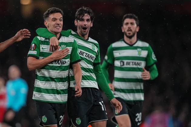 London, England, March 16th 2023: London, England, March 16th 2023: Pedro Goncalves and Francisco Trincao of Sporting celebrating goal during the UEFA Europa League round of 16 leg two match between Arsenal FC and Sporting CP at Emirates Stadium on March 16, 2023 in London, United Kingdom. (Photo by Pedro Loureiro SPP) (Pedro Loureiro SPP) (Pedro Loureiro SPP) Copyright: xPedroxLoureiro SPPx spp-en-PeLo-SPP_166768