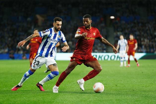 (L-R) Brais Mendez (Sociedad), Georginio Wijnaldum (Roma), MARCH 16, 2023 - Football Soccer : UEFA Europa League Round of 16 2nd leg match between Real Sociedad 0-0 AS Roma at the Reale Arena in San Sebastian, Spain. Noxthirdxpartyxsales  (213564404)