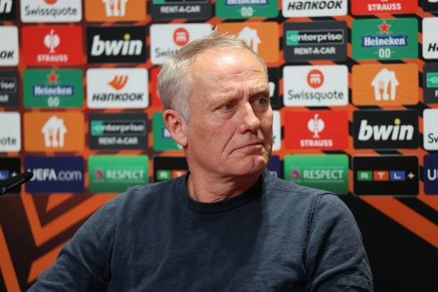 Freiburg, Germany 16 March 2023 Europa League 2022 2023 1 8 Final SC Freiburg vs Juventus Turin In picture coach Christian Streich SC Freiburg at the press conference, PK Europa Park Stadium Baden Württemberg Copyright: xFotostandx xHettichx