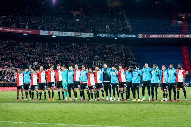 ROTTERDAM - Players of Feyenoord celebrate victory over Shakhtar Donetsk during the UEFA Europa league round of 16 match between Feyenoord and Shakhtar Donetsk at Feyenoord Stadion de Kuip on March 16, 2023 in Rotterdam, Netherlands. AP Dutch Height COR LASKER Feyenoord v Shakhtar Donetsk: Round of 16 Leg Two - UEFA Europa League 2022 2023 xVIxANPxSportx xCorxLaskerxIVx 465181087 originalFilename: 465181087.jpg