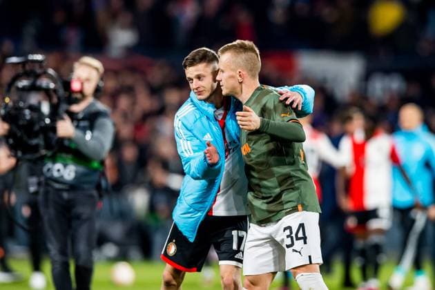 ROTTERDAM - (l-r) Sebastian Szymanski of Feyenoord, Ivan Petriak of Shakhtar Donetsk during the UEFA Europa league round of 16 match between Feyenoord and Shakhtar Donetsk at Feyenoord Stadion de Kuip on March 16, 2023 in Rotterdam, Netherlands. AP Dutch Height COR LASKER Feyenoord v Shakhtar Donetsk: Round of 16 Leg Two - UEFA Europa League 2022 2023 xVIxANPxSportx xCorxLaskerxIVx 465181549 originalFilename: 465181549.jpg