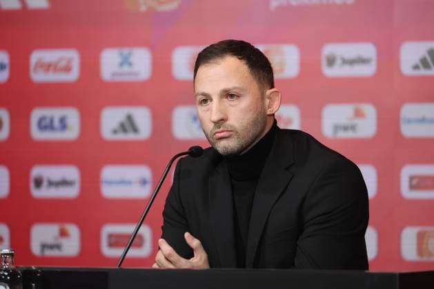 Belgium s head coach Domenico Tedesco pictured during a press conference, PK, Pressekonferenz of Belgian national soccer team Red Devils to announce the selection for the upcoming games against Sweden and Germany, Friday 17 March 2023, at the Royal Belgian Football Association RBFA s headquarters in Tubize. BRUNOxFAHY  x63210495x
