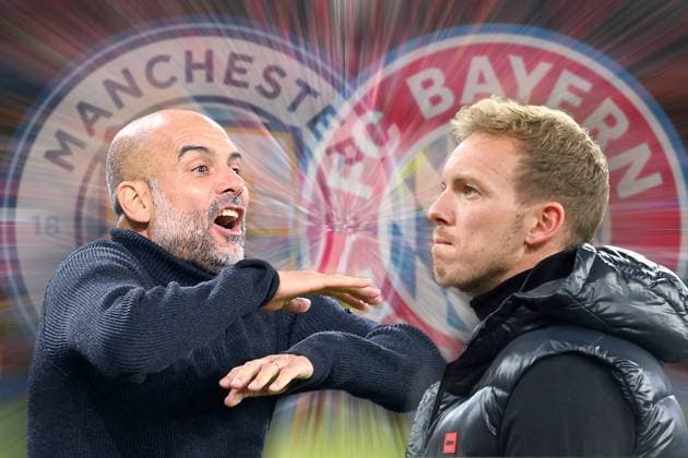 PHOTOMONTAGE Hammerlos for FC Bayern Muenchen in the quarterfinals, the record champion meets Manchester City ManCity , The two coaches Pep GUARDIOLA ManCity and coach Julian NAGELSMANN Bayern Muenchen football, Champions League season 2022 2023