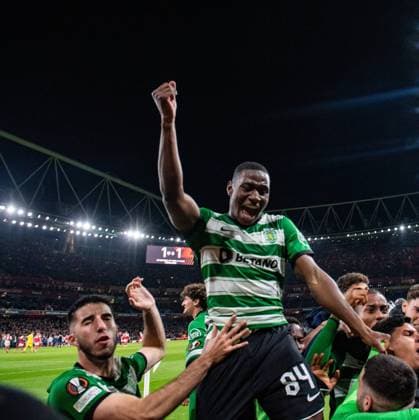 LONDON, ENGLAND - MARCH 16: Dario Essugo of Sporting CP celebrates after winning the UEFA Europa League round of 16 leg two match between Arsenal FC and Sporting CP at Emirates Stadium on March 16, 2023 in London, United Kingdom. (Photo by Sebastian Frej) SPO  Copyright: xSebastianxFrej
