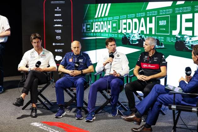 press conference, PK, Pressekonferenz WOLFF Toto (aut), Team Principal & CEO of Mercedes AMG F1 Team, TOST Franz (aut), Team Principal of Scuderia AlphaTauri, VOWLES James, Team Principal of Williams Racing, ALUNNI BRAVI Alessandro (ita), Managing Director of Sauber Group & Team Representative, CLARKSON Tom, during the Formula 1 STC Saudi Arabian Grand Prix 2023, 2nd round of the 2023 Formula One World Championship, WM, Weltmeisterschaft from March 17 to 19, 2023 on the Jeddah Corniche Circuit, in Jeddah, Saudi Arabia - F1 - SAUDI ARABIAN GRAND PRIX 2023 DPPI Panoramic 20230317_G0OD6930