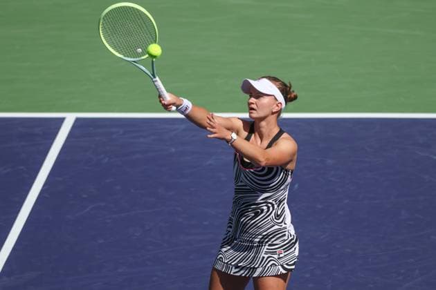 INDIAN WELLS, CA - MARCH 17: Barbora Krejcikova (CZE) hits a volley during the BNP Paribas Open on March 17, 2023 at the Indian Wells Tennis Garden in Indian Wells, CA. (Photo by George Walker Icon Sportswire) TENNIS: MAR 17 BNP Paribas Open Icon230317002