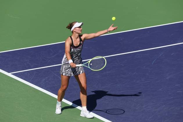 INDIAN WELLS, CA - MARCH 17: Barbora Krejcikova (CZE) serves during the BNP Paribas Open on March 17, 2023 at the Indian Wells Tennis Garden in Indian Wells, CA. (Photo by George Walker Icon Sportswire) TENNIS: MAR 17 BNP Paribas Open Icon230317017