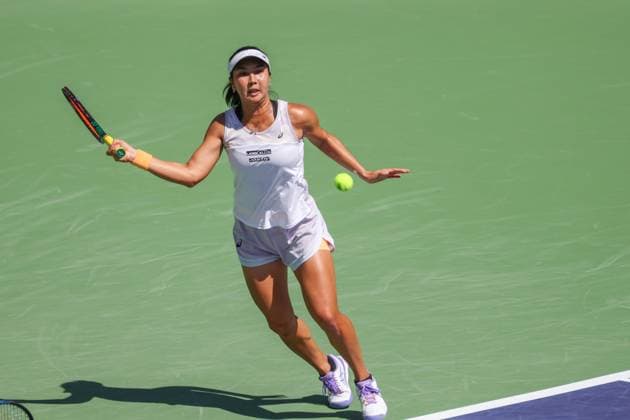 INDIAN WELLS, CA - MARCH 17: Aldila Sutjiadi (INA) hits a forehand during the BNP Paribas Open on March 17, 2023 at the Indian Wells Tennis Garden in Indian Wells, CA. (Photo by George Walker Icon Sportswire) TENNIS: MAR 17 BNP Paribas Open Icon230317062