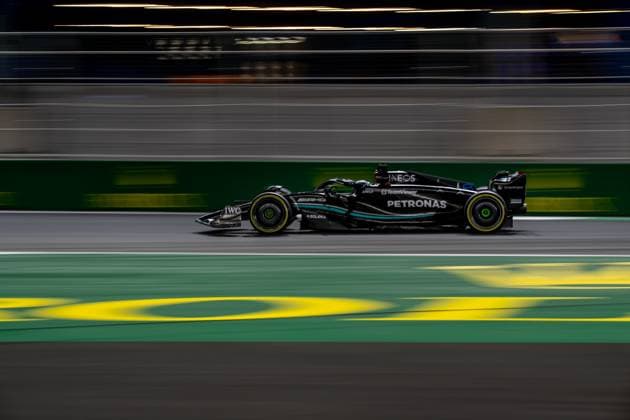 JEDDAH, SAUDI ARABIA: George Russell, racing for the Mercedes F1 team during the 2023 Formula 1 Saudi Arabian Grand Prix at the Jeddah Corniche Circuit in Jeddah, Saudi Arabia