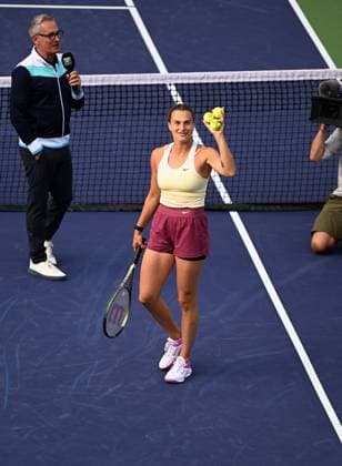 INDIAN WELLS, CA - MARCH 17: Aryna Sabalenka gets ready to hit autographed balls to the fans after winning a semifinal match and moving onto the finals of the BNP Paribas Open tennis tournament played on March 17, 2023 at the Indian Wells Tennis Garden in Indian Wells, CA. (Photo by John Cordes Icon Sportswire) TENNIS: MAR 17 BNP Paribas Open Icon506230317116
