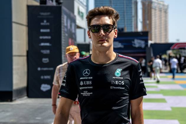 JEDDAH, SAUDI ARABIA: George Russell, racing for the Mercedes F1 team during the 2023 Formula 1 Saudi Arabian Grand Prix at the Jeddah Corniche Circuit in Jeddah, Saudi Arabia