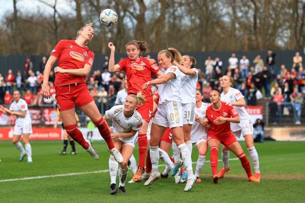 Flyeralarm Womens Bundesliga 2022 2023, 1 FC Cologne FC Bayern Munich Sharon Beck FC, 10 and Myrthe Moorrees FC, 6 taking a header in the penalty area of FC Bayern Munich Cologne Franz Kremer Stadion, grass North Rhine Westphalia Germany