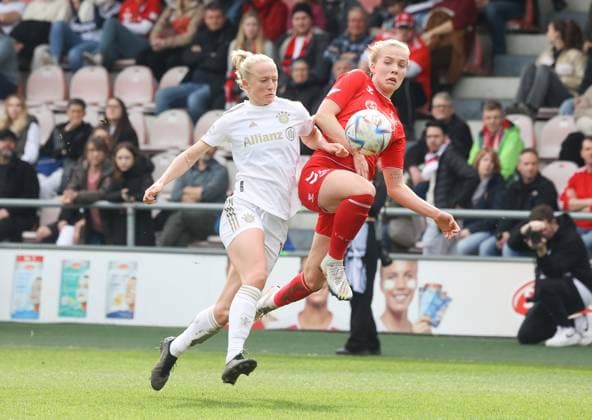 Celina Degen 1 FC Koeln 5 and Klara Buehl FC Bayern Muenchen 17 , 1 FC Koeln vs FC Bayern Muenchen, 1 Flyar Alarm Frauen Bundesliga, Fussball, 15 Spieltag, 18 03 2023, DFL REGULATES PROHIBIT ANY USE OF PHOTOGRAPHS AS IMAGE SEQUENCES AND OR QUASI hVIDEO, 1 FC Koeln vs FC Bayern Muenchen, 1 Flyar Alarm Frauen Bundesliga, Fussball, 15 Spieltag, 18 03 2023, Koeln Copyright: xEibner-Pressefoto JoergxNiebergax EP_JNL