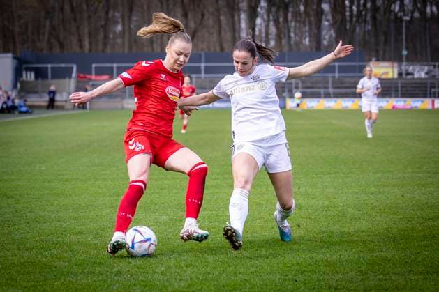 1 Women Bundesliga 1 FC Koeln vs FC Bayern Muenchen, 18 03 2023 Weronika Zaistowska 24, 1 FC Koeln , Tuva Hansen FC Bayern Muenchen, 6 during the match 1 FC Koeln vs FC Bayern Muenchen on matchday 15 of the women soccer Bundesliga on 18 03 2023 at Franz Kremer Stadion in Koeln North Rhine Westphalia DFL REGULATES PROHIBIT ANY USE OF PHOTOGRAPHS AS IMAGE SEQUENCES AND OR QUASI VIDEO Copyright: xBEAUTIFULxSPORTS AxelxKohringx