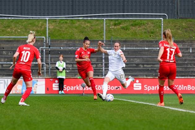 18 03 2023, GER, Football, FLYERALARM Womens Bundesliga 2022 2023, 1 FC Cologne FC Bayern Munich Sydney Lohmann 12 Bayern Munich with a goal Cologne Franz Kremer Stadium North Rhine Westphalia Germany